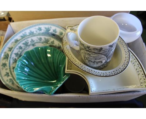 Wedgwood leaf shaped dish, 200th anniversary mug, six dessert plates and oval serving plate, oval dish with three shaped plat