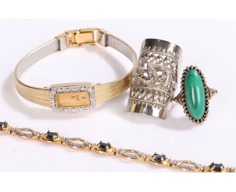 Pulsar ladies gilt wristwatch, silver gilt bracelet, malachite set silver ring, white metal ring (4)