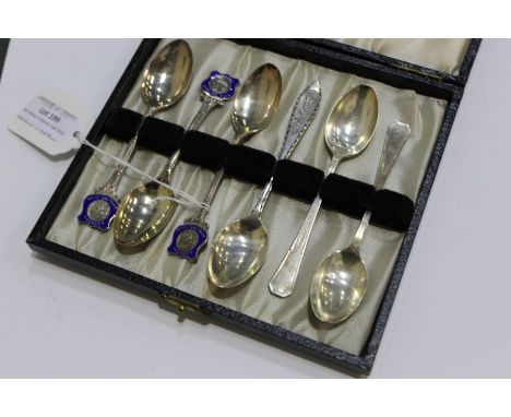 Three silver teaspoons, the handles inscribed "Rookery Bowling Club" in blue enamel, silver bowls club related teaspoon, pair