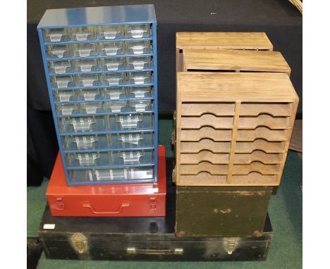 Wooden tool box containing various tools, workshop storage drawers, leather workers tools housed in a U.S. Army type A1 Astro