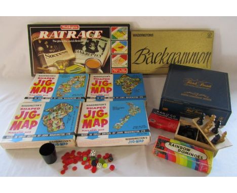 Collection of board games including wooden chess figures (no board), Trivial Pursuits, backgammon etc