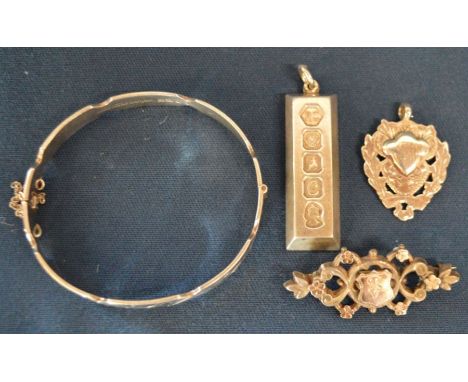 Silver ingot pendant, silver fob, silver &amp; gilt brooch &amp; a silver bangle. Total weight 1.86 ozt