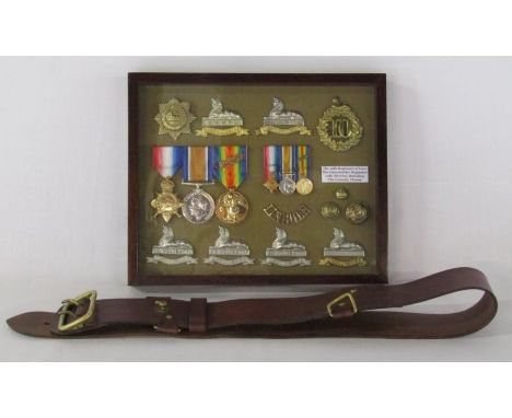 WW2 British Army Officers Sam Browne leather belt and Framed museum display quality replica WW1 medals &amp; cap badges - WW1