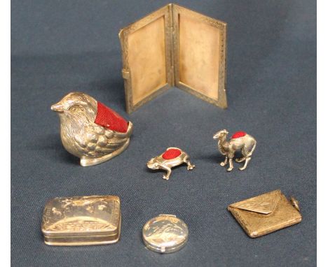 3 Victorian style silver pincushions, snuff box, pill pot &amp; stamp holder all marked 925 &amp; miniature photo frame marke