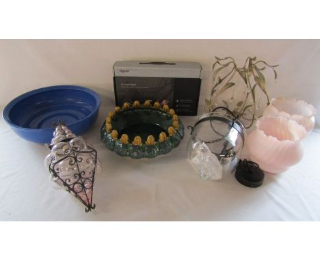 Large frog pattern dish and a blue Adderleys dish, Dyson car cleaning kit and a selection of light fittings including a metal
