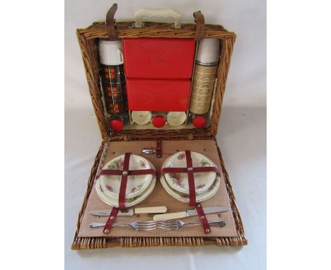 Brexton picnic hamper with original plates and thermos flask with insert, a Vacco flask and Brexton tins