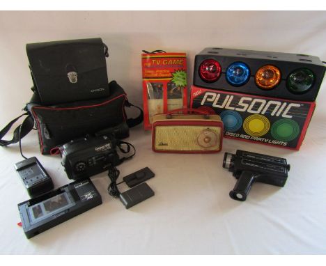 JVC Compact VHS camera GR-AX200, Chinon 723 XL camera, Ekco radio, Mini-tv game with PRO-AM option and Pulsonic party lights