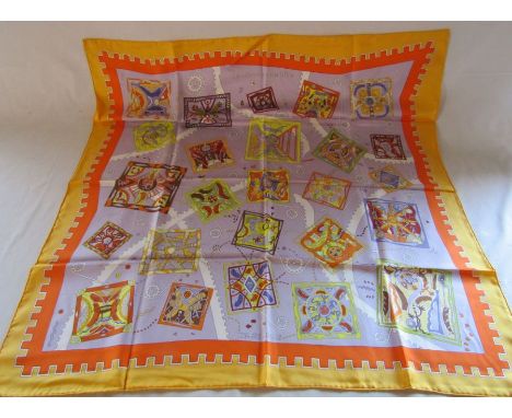 Hermes silk scarf - Hermes Paris - La mecanique des idees - orange and lilac