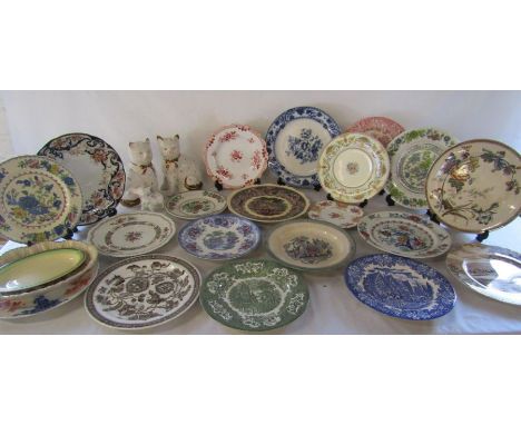 Large collection of plates including Mason's, Ridgway Jacobean, Spode, Manilla, Japan Opaque etc two fireside cats (one damag