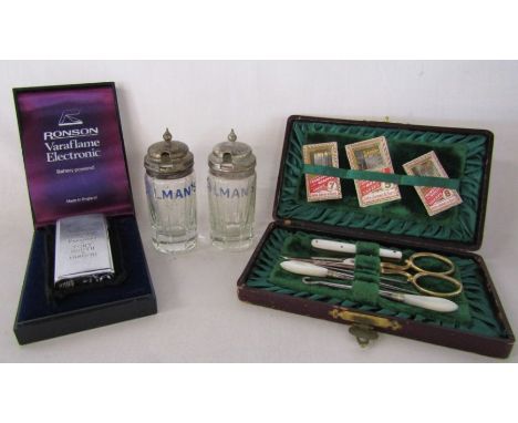 Ladies cased sewing kit with John James needle packs, 2 Glass Colman's condiment jars and a Ronson varaflame electronic light