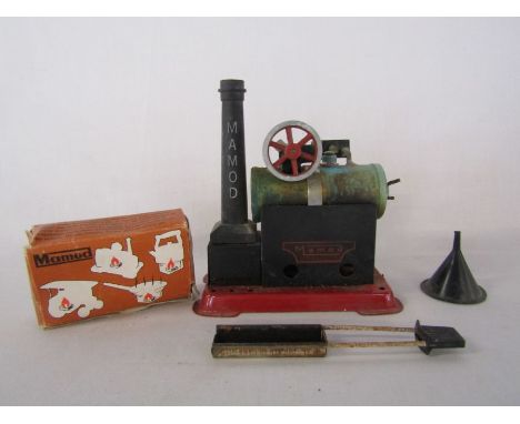 Mamod SP2 static engine with burner, funnel and empty box of fuel tablets