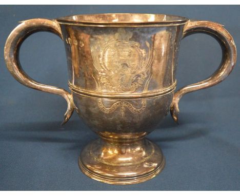 George II silver two handled cup engraved with a coat of arms &amp; monogram MH to handle. London 1751 maker William Shaw&nbs