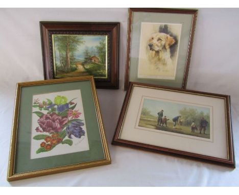 Leslie Greenwood flowers picture, small golfing print, Mick Cawston limited edition 473/850 and a small Cafieri oil painting