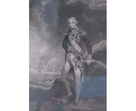 Lord Nelson Standing on a rock with ships in the background monochrome print after John Hoppner London Published 1894 by Paul