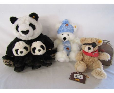 Steiff Manschli panda 064821 - Steiff Robin winter bear 690266 - Steiff Pirate Flynn in a suitcase 672828and 2 small teddy pa