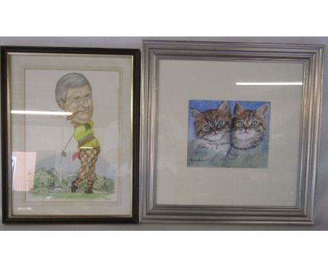 Caricature watercolour painting of a golfer signed Jerome 1991 and watercolour and gouache painting of two kittens 'Please' s