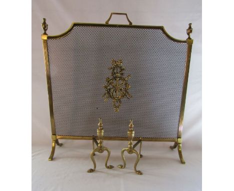 Brass fireguard and pair of fire dogs