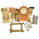 Ephemera collection, Antique Nut Cracker, vintage mantal wooden clock, Stuart Collectors spoons x 2,