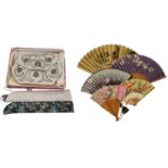 Fan collection and vintage cream beaded purse, 5 fans and one purse, one fan is broken. Single