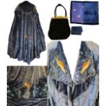 Collection, Vintage blue velvet cloak, Velvet black purse with mirror inside and blue velvet pouch