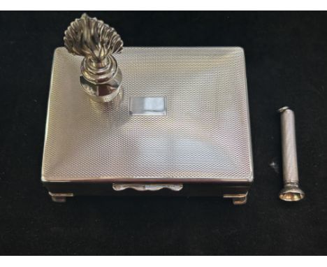 Silver plated cigarette box, white metal wine stopper & a silver cigar piecer 