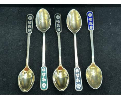 Egon Lauridsen Denmark sterling silver & enamel set of 5 tea spoons 