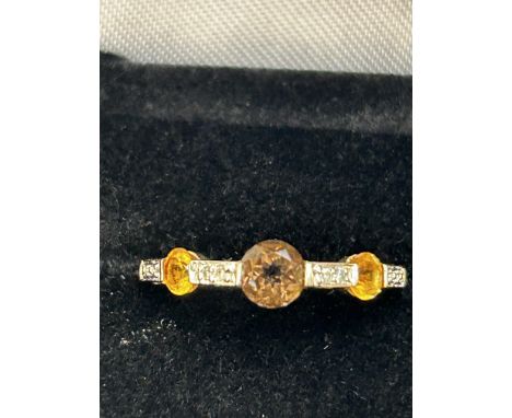 9ct Gold ring set with smokey quarts 2 citrines & diamonds Size O 1.6g  