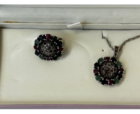 Silver coloured stones necklace & ring 
