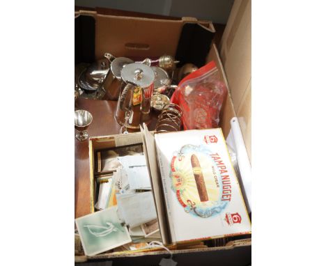 Large box of silver plated ware to include coins, cigarette cards & others 