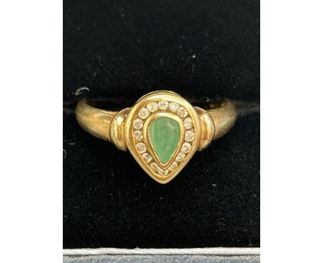 9ct Gold pear shaped natural emerald & diamond ring Size R Weight 2.7g 