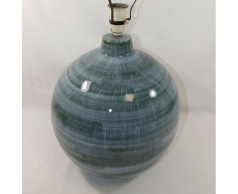 A large Rye Pottery spherical table lamp, decorated in a graduated grey/blue glaze, blue factory ink stamp to the inside, 29c