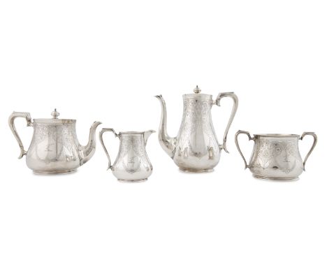 A VICTORIAN FOUR PIECE TEA AND COFFEE SERVICE, London 1878, mark of Henry Holland, comprising teapot, coffee pot, cream jug a