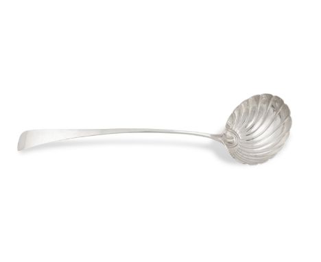 A GEORGE III SHELL BOWL SOUP LADLE, London 1790, mark of Peter & Jonathan Bateman, (c.140g). 33cm long