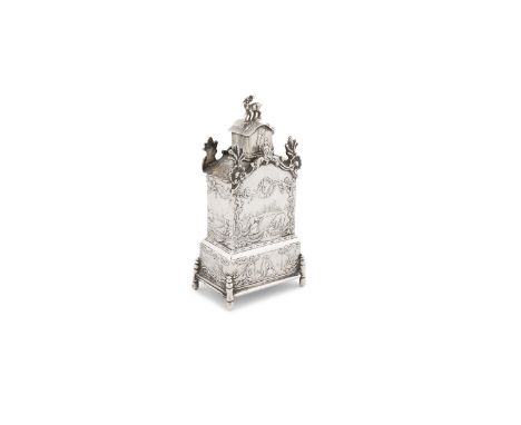 A CONTINENTAL WHITE METAL PAGODA SHAPED TEA CADDY, 19th century, of stepped rectangular form, with stag finial above the styl