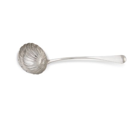 AN IRISH PROVINCIAL GEORGE III SHELL BOWL LADLE, Cork c.1760, mark of John Nicolson, with Hanoverian pattern handle, (c.217g)