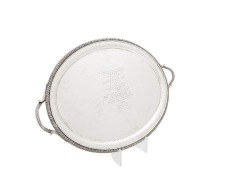 A HISTORIC CORK PRESENTATION TRAY, Dublin c.1795, mark of Robert Breading, retailed by Clarke & West, the out-turned gadroone