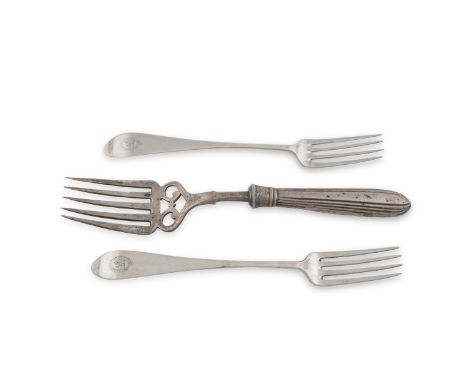 A PAIR OF IRISH PROVINCIAL TABLE FORKS BY CARDEN TERRY AND JANE WILLIAMS, Cork c.1810, engraved with the Beamish crest, (c.12