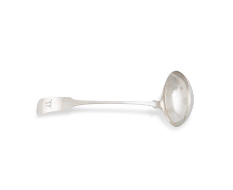 AN IRISH PROVINCIAL GEORGE III FIDDLE PATTERN SOUP LADLE BY CARDEN TERRY AND JANE WILLIAMS, Cork c.1805, crested, (c.217.7g).