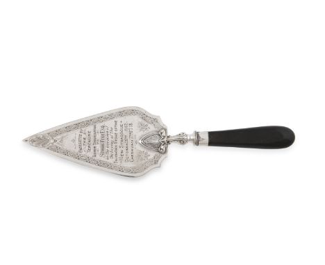 ***PLEASE NOTE NAME IN INSCRIPTION SHOULD READ SIMON FINE***A SILVER FOUNDATION TROWEL, stamped “Sterling Silver, J.C.B & Co.