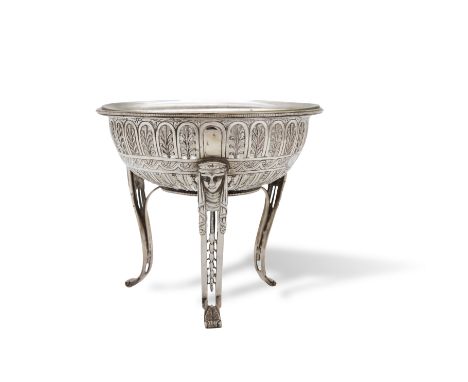 A NEO-CLASSICAL CENTRE PIECE IN THE FORM OF A TRIPOD ROMAN OFFERTORY BOWL, Dublin c.1775, mark of John Lloyd, with beaded rim