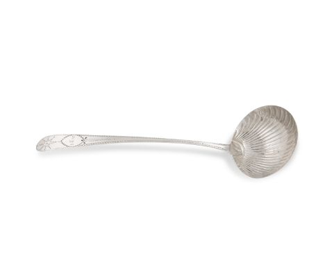 AN IRISH GEORGE III BRIGHT CUT SOUP LADLE, Dublin 1792, mark of John Stoyte, with shell bowl and pointed star terminal, engra