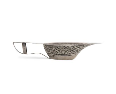 AN IRISH SILVER CHRISTENING BOAT, Dublin 1908, mark of T. Weir & Sons, of oval form, the handle formed as a crucifixion, the 