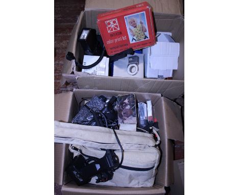 Two boxes of vintage camera cases &amp; accessories etc. Postage unavailable 