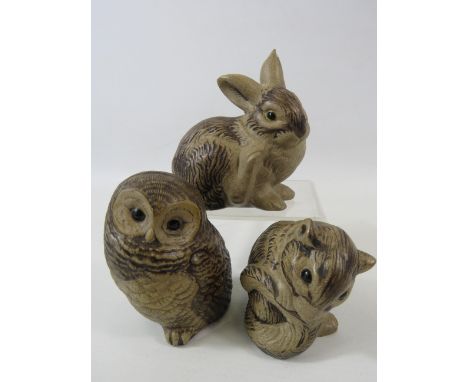 3 Poole pottery animal figurines, Owl, Rabbit and squirrel. The tallest measures 3 3/4" tall  (slight chip to the rabbits ear