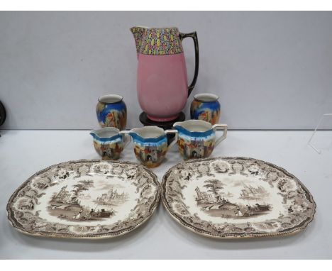 2 Victorian meat plates a large Shelley jug and a set of graduated transfer print jugs and 2 vases.