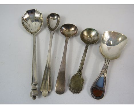 5 Antique Sterling silver spoons, Caddy, condiment, preseve etc, 77 grams.