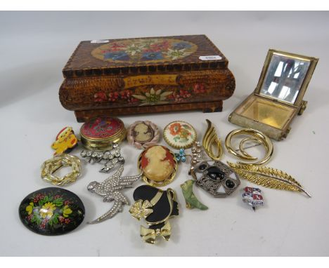 Vintage wooden Jewellery box a nd a selection of brooches including Miracle.