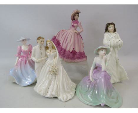 5 various figurines by Coalport, Royal Worcester and Royal Doulton, the tallest measures 6" tall.