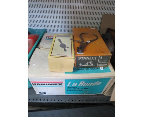 Mixed lot to include a colour slide projector, Stanley plane, hand drill etc.