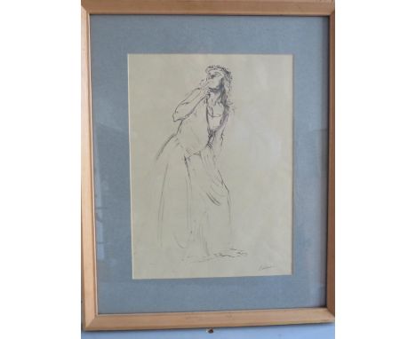 Pencil and brush sketch of a full length Female Study by J.C Edwards.  Framed and mounted under glass which measures 13 x 16 